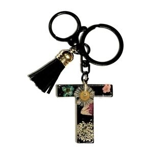 Black letter T Daisy Flower & Black Tassel Sparkle Purse Charm / Keychain.